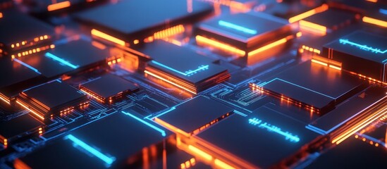 Fototapeta premium Abstract Futuristic Circuit Board: A Digital Realm of Orange and Blue