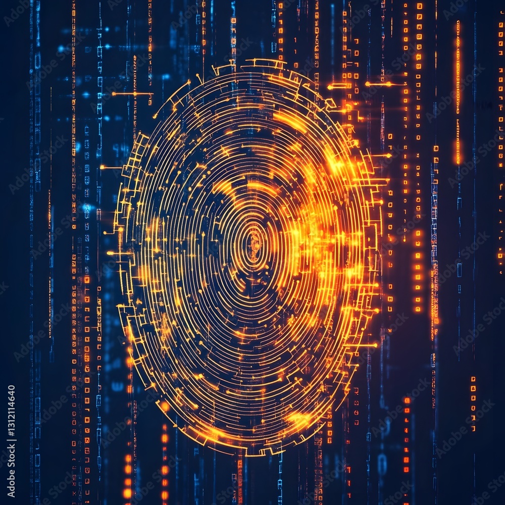 Poster Glowing Digital Fingerprint with Futuristic Cybersecurity Data Network Visualization  Abstract technological background with pulsing particles circuits