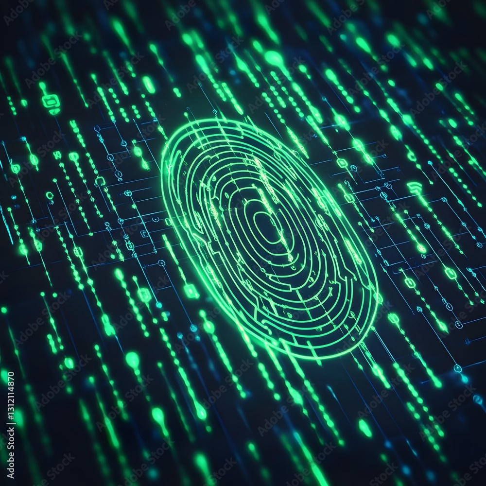 Poster Glowing Digital Fingerprint with Radiant Data Stream in Futuristic Technology Background  Abstract digital pattern with luminous neon lights high speed data flow and technological innovation