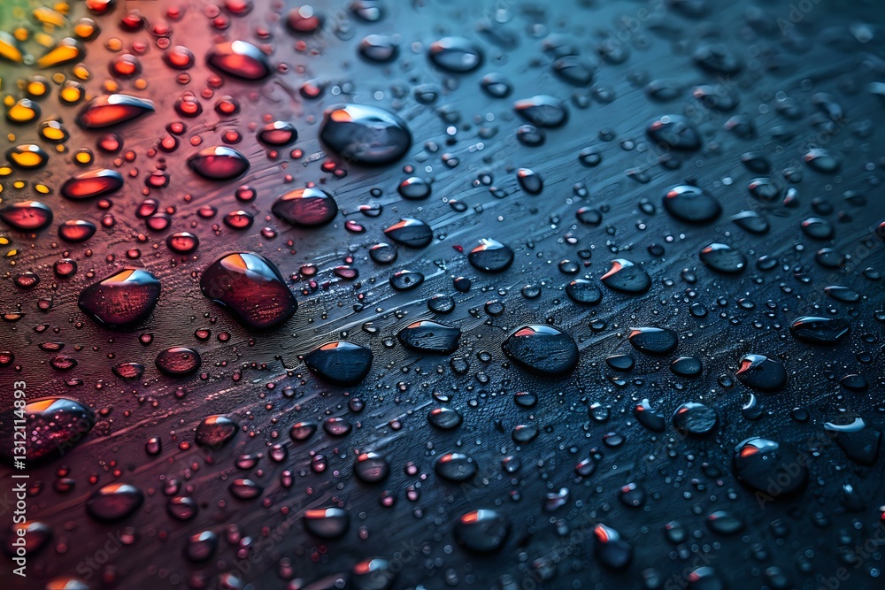 Poster water drops on dark surface with red and blue gradient lighting create dramatic macro photography ef