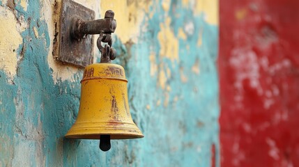 Fototapeta premium Rusty Yellow Bell on Painted Wall