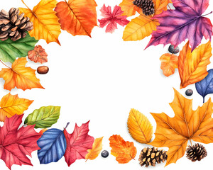 Fototapeta premium Autumn leaves & pinecones border frame on white, with blank space for text or image