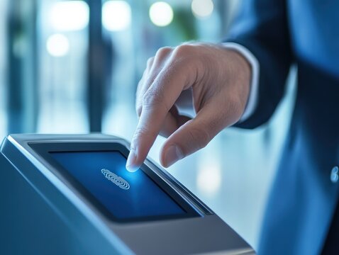 Businessman using a touch screen terminal - Powered by Adobe