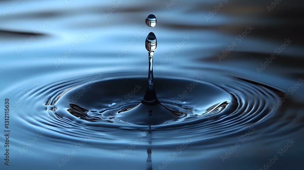 Poster water drop collision creating perfect concentric ripples on calm blue surface with secondary droplet