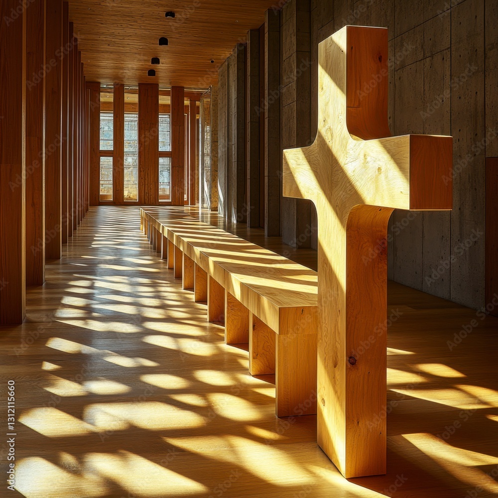Poster wooden cross and benches in sunlit minimalist chapel. sunlight streams through windows creating patt