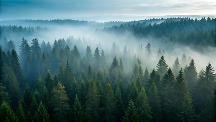 Fototapeta premium Misty forest aerial view at sunrise
