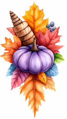 Autumnal arrangement cornucopia, lilac pumpkin, colorful leaves, and berries