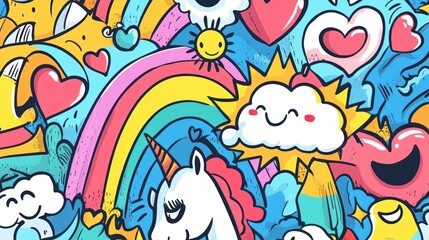 Fototapeta premium Colorful doodle art with unicorn, hearts, and sun