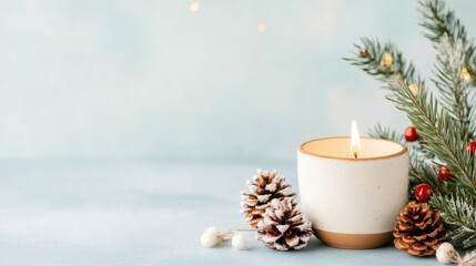 Decorative candle with pinecones and greenery creates a cozy atmosphere during the winter season