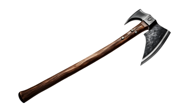 A heavy-duty axe with a sharp steel blade, isolated on a empty plain background