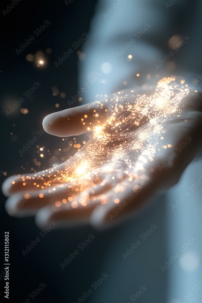 Poster magical glowing particles floating above an open palm with golden light trails and sparkles against 