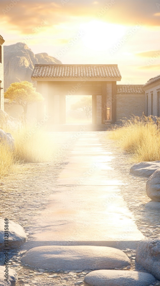 Poster sunlit stone pathway leads to an arched gateway in a desert village setting at sunset. warm light il