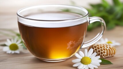 Fototapeta premium Chamomile Tea in a Glass Cup with Honey and Daisy Flowers