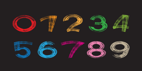 The colored numbers from 0 to 9 are hand-drawn, with a dry brush and uneven strokes.
 Vector image