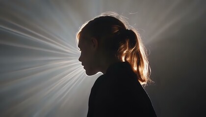Dramatic silhouette of young woman with ponytail against bright rays of light creating ethereal atmosphere and spiritual mood in dark setting.