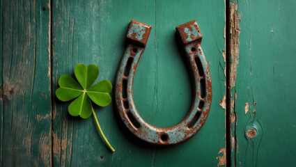Rusty horseshoe on textured green wood with a delicate four-leaf clover. Negative space on right for text. Lighting gives a rustic, festive vibe