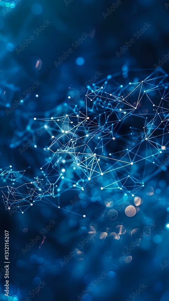 Poster abstract network of glowing connected dots and lines forming geometric shapes on deep blue backgroun