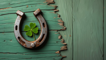 A rusty horseshoe rests on textured green wood with a delicate four-leaf clover. Ample negative space on right for text. Lighting creates a rustic, festive vibe