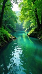 Fototapeta premium Emerald waters flow gently through lush greenery, floodplain, calm, river