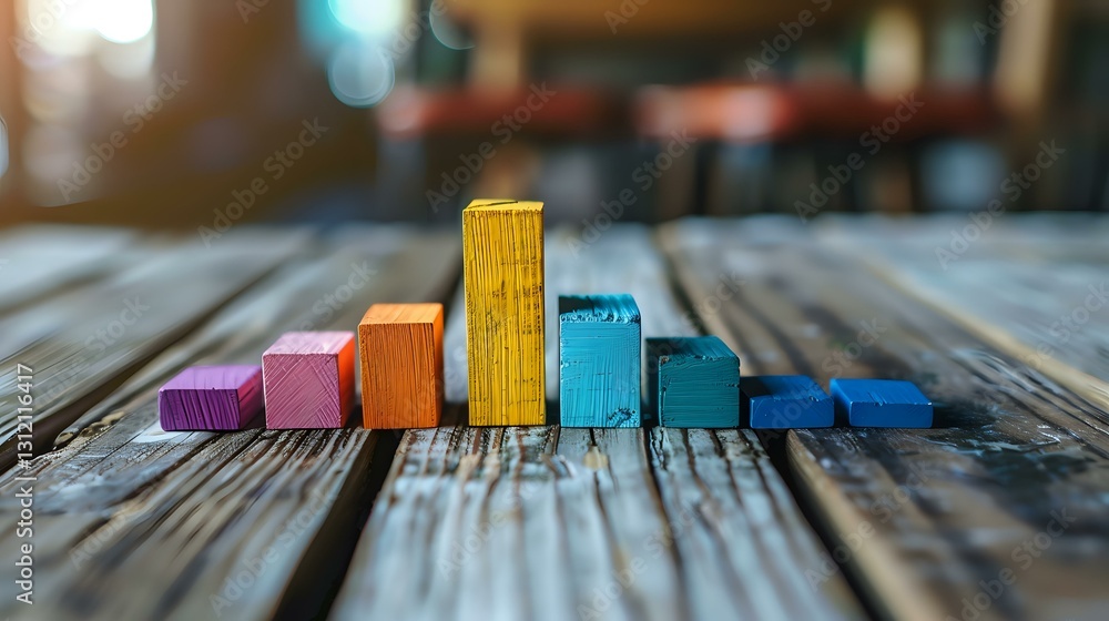 Poster Colorful wooden blocks arranged as ascending and descending bar graph on rustic wooden table surface, demonstrating business analytics and data visualization concepts.