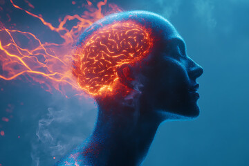 A surreal digital artwork of a human head merging with a glowing cosmic brain, surrounded by deep purple nebulae and electric energy. 