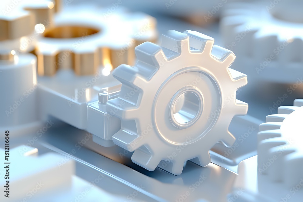 Poster white mechanical gear wheel on light background with soft focus effect and metallic surface texture,