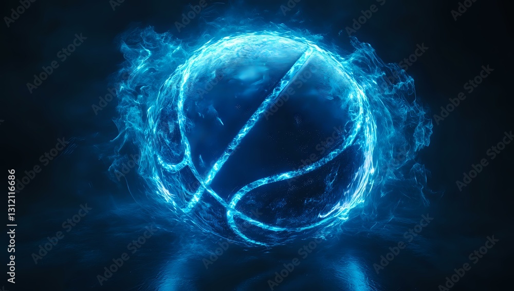 Poster glowing blue energy sphere with lightning effects and smoke trails floating in dark space, creating 