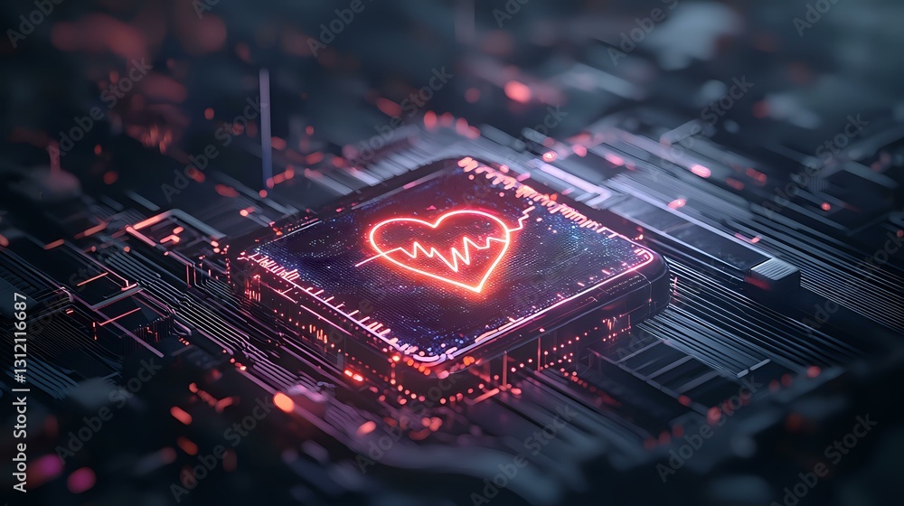 Poster glowing red heart rate pulse on computer processor chip, futuristic circuit board background with ne