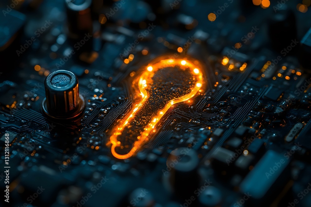 Poster glowing key symbol on circuit board with orange light effect against dark electronic components, rep