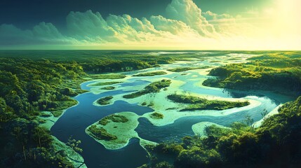 Serene River Landscape at Sunrise with Lush Green Vegetation