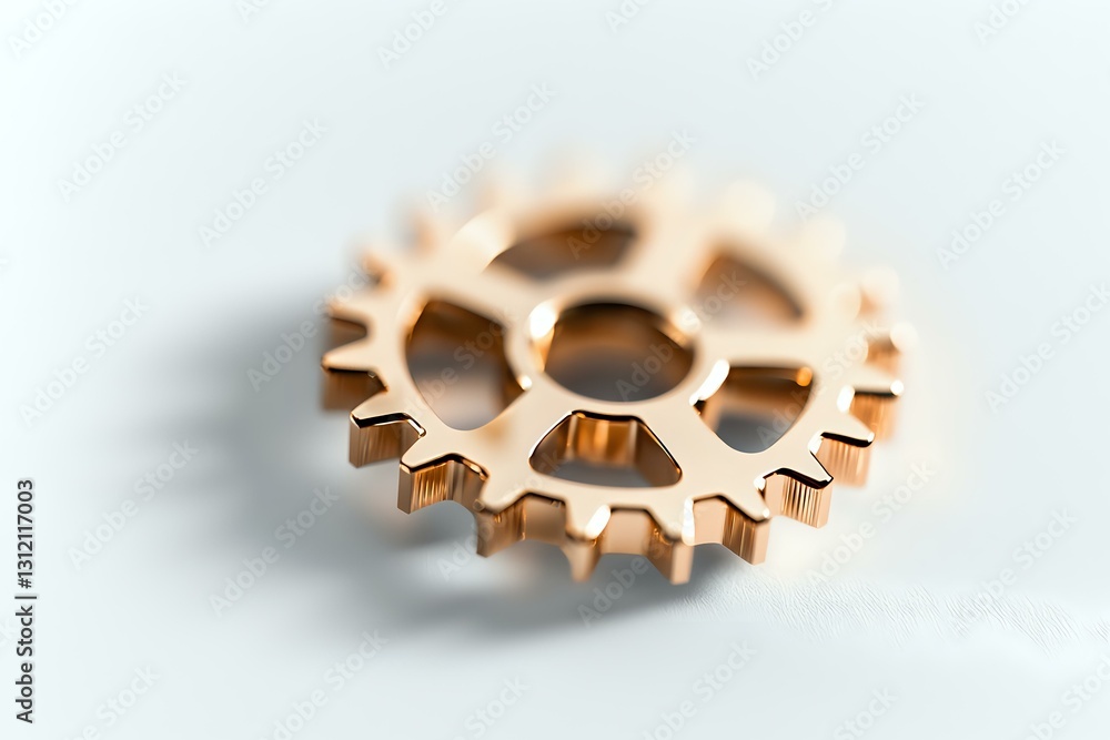 Poster single bronze metallic cogwheel on white background with shallow depth of field, mechanical part clo