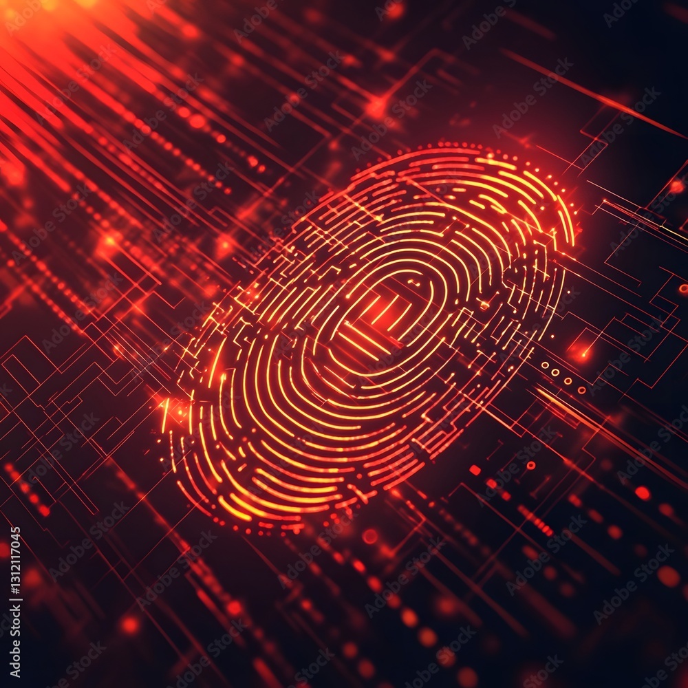 Poster Glowing futuristic fingerprint scan interface with dynamic red and orange light pattern