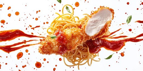 Crispy chicken cutlet with spaghetti and marinara sauce splashes on a clean white background