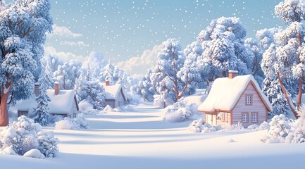 Winter landscape with snow-covered houses and trees