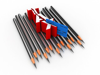3d rendering  credit or debit card swiping tax near group of pencils