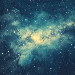 Cosmic nebula with teal and yellow hues, speckled with stars against a dark blue background. 