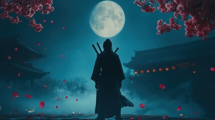 Naklejka premium Samurai at Night Under Full Moon