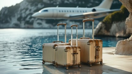 Luxury travel luggage by a pool, private jet