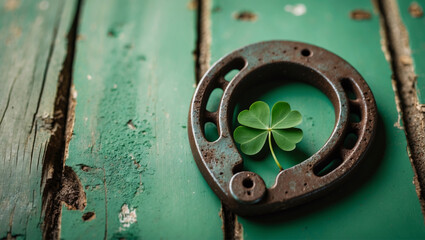 A rusty horseshoe rests on textured green wood with a delicate four-leaf clover. Ample negative space on right for text. Lighting creates a rustic, festive vibe
