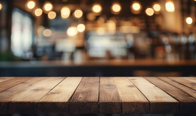 Wooden Tabletop with Blurred Restaurant Background and Bokeh Lights for Mockup