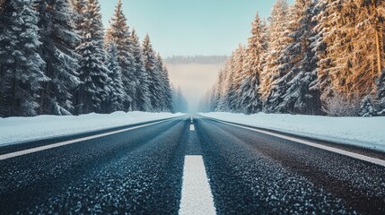 Obraz premium Serene Winter Road Through Snowy Pine Forest with Blue Sky
