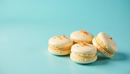 Obraz premium Delicate coconut macarons on soft blue background, sweet, dessert