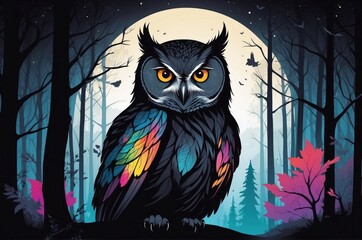 Colorful owl perched among dark trees with a full moon in the background creates a captivating night scene