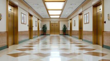 Naklejka premium A spacious elevator lobby with high ceilings, gold-trimmed doors, and luxurious tile flooring