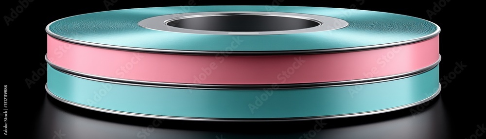 Poster close up of a cylindrical object with three layers a light teal top layer, a pink middle layer, and 