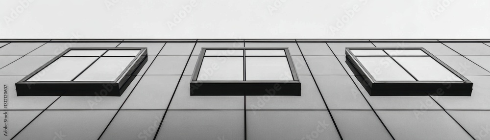 Poster three rectangular skylights are evenly spaced on a flat roof, creating a minimalist architectural im