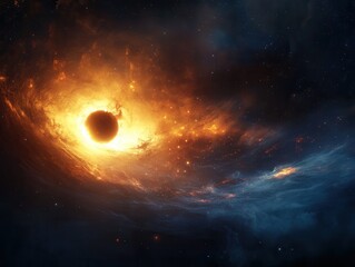 Obraz premium Cosmic dance of swirling colors around a dark celestial body in the depths of space at the edge of a distant galaxy. Generative AI