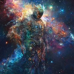 Obraz premium Divine warrior with intricate armor, standing against a backdrop of cosmic galaxies