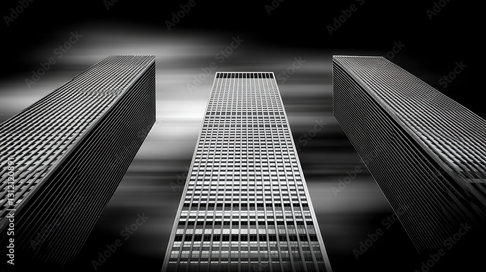 Poster low angle view of three skyscrapers in black and white, with motion blur effect creating a dynamic u