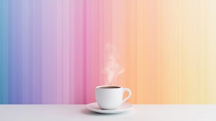 Fototapeta premium A steaming cup of coffee sits on a white saucer against a vibrant rainbow-striped background.